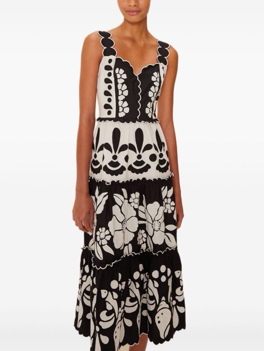 FARM Rio Black and White Scalloped Floral Tiered Midi Dress
